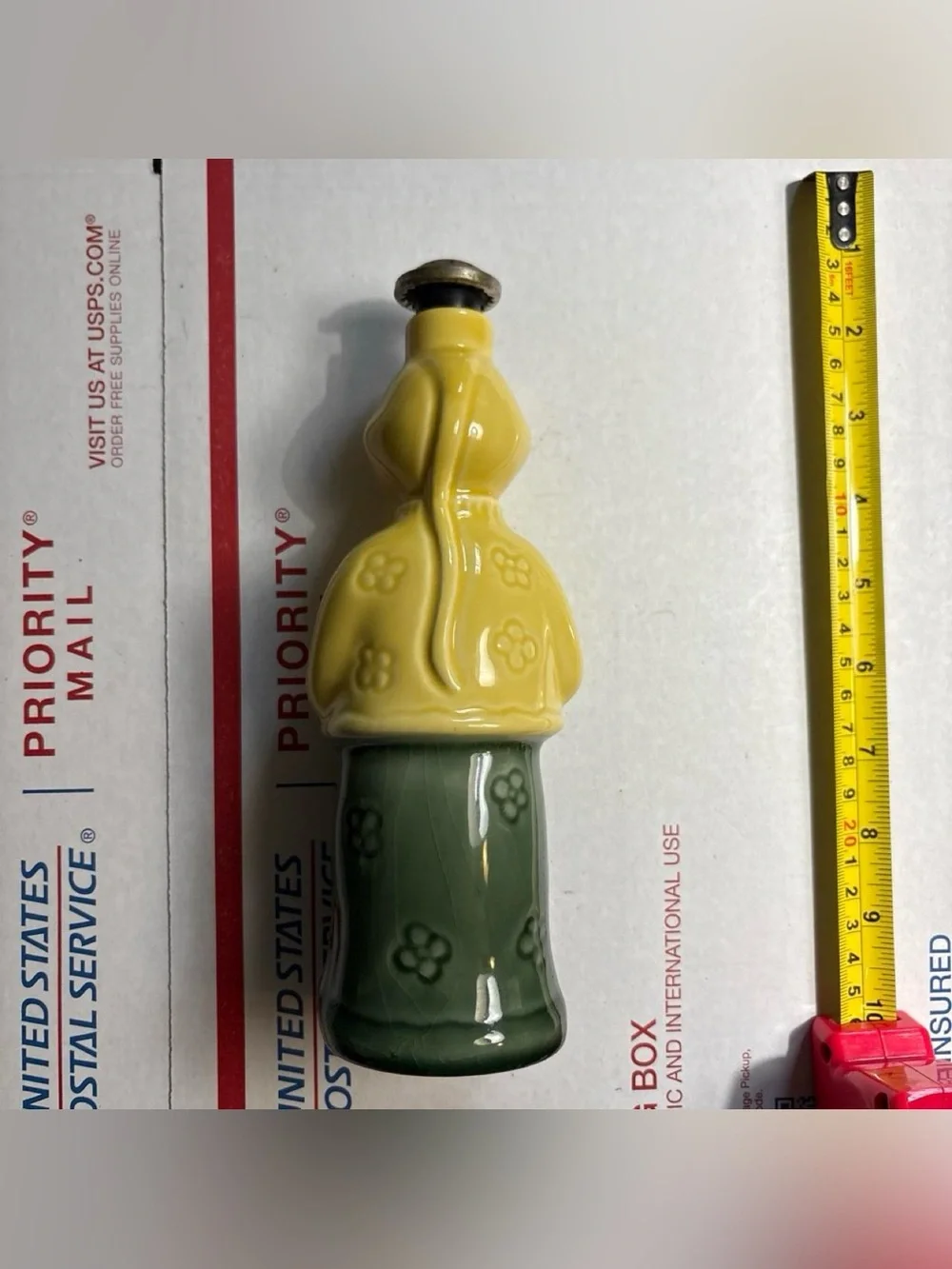 Vintage Yellow Green Ceramic Asian Figurine Sprinkle Water Bottle for Ironing